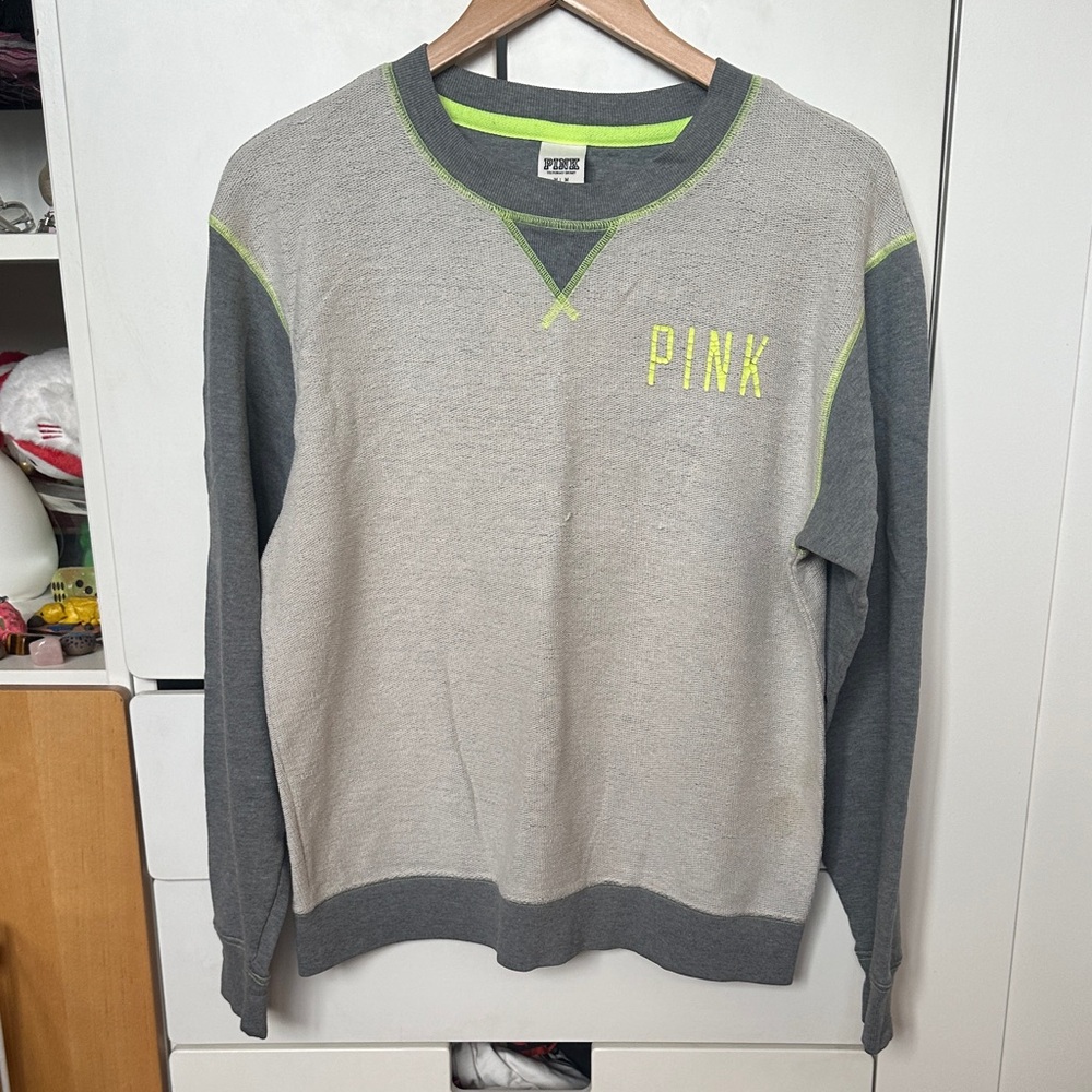 PINK Victoria's Secret Gray & Neon Yellow-Trim Crewneck Sweater